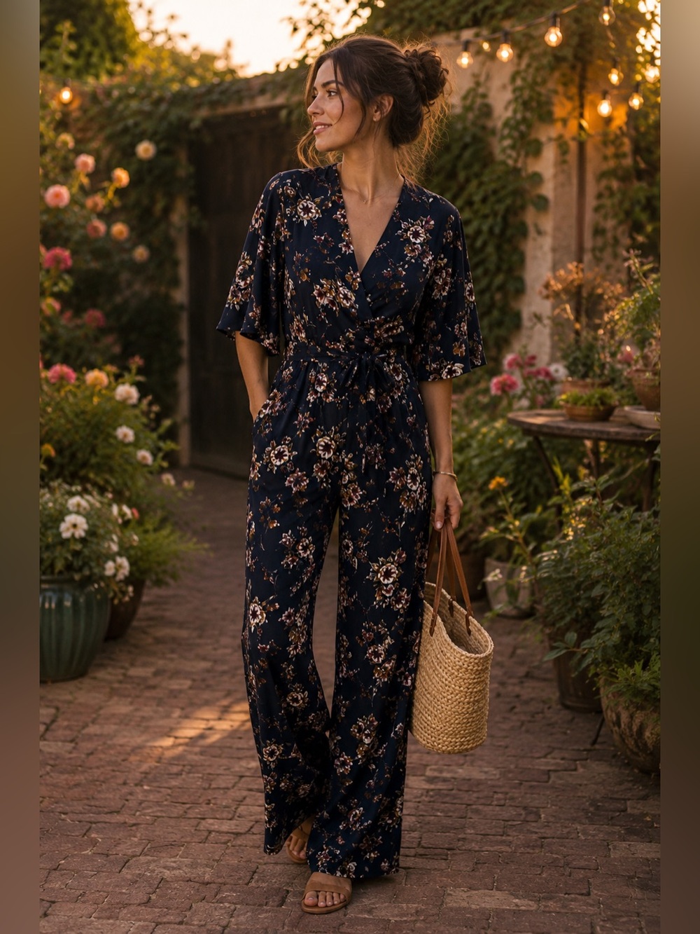 Boho Floral Wide Leg Jumpsuit Cottagecore Garden Party Size L